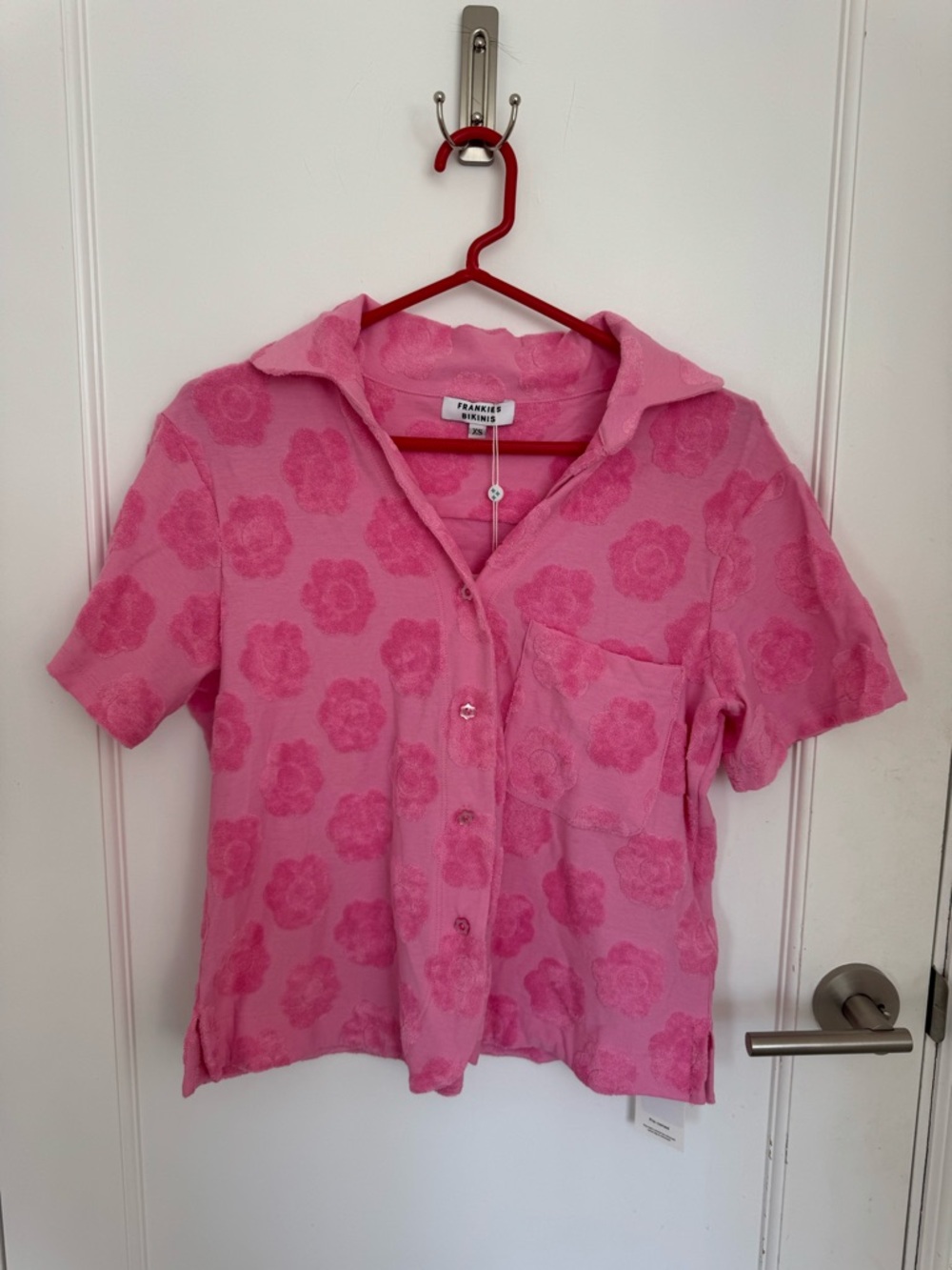 Frankie's Bikinis Pink Floral Terry Short-Sleeve Button-Up Shirt